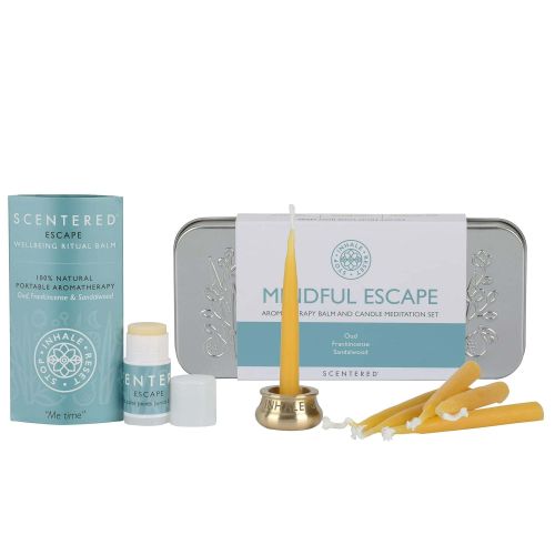 Scentered Aromatherapy Balm & Meditation Candle Set - Mindful Escape Relaxation - x12 Beeswax Candles with Brass Holder & x1 Essential Oil Blend Balm Scentered Aromatherapy Balm & Meditation Candle Set - Mindful Escape Relaxation - x12 Beeswax Candles with Brass Holder & x1 Essential Oil Blend Balm