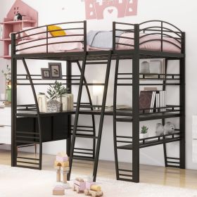 Full Size Loft Bed with 4 Layers of Shelves and L-shaped Desk, Stylish Metal Frame Bed with a set of Sockets, USB Ports and Wireless Charging, Black